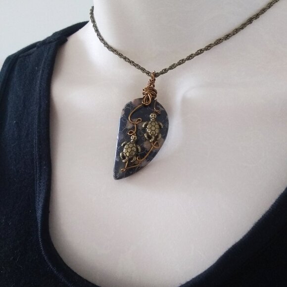 Handmade Turtle Pendant | Unique Plum Jasper Stone | Coastal Grandma |Sea Turtle - Picture 1 of 13